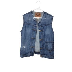 True Religion TRB Fashion For The Sense Distress Blue Denim Vest Size Medium